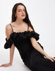 Object extreme off the shoulder satin ruffle trim maxi dress in soft black