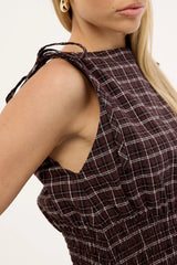Luck & Trouble Andie Ruched Tie Top Brown Check