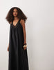 v-neck poplin smock maxi sundress with lace overlay in black