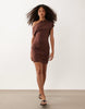 eyelet detail off the shoulder mini dress in brown