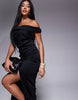 structured twist bardot bodycon midi dress in black scuba-style fabric