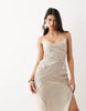 crinkle satin scoop neck cami midi dress with floral embellishment in silver
