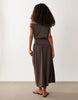 fallen shoulder asymmetric cinched waist midi dress in chocolate