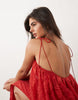 lace column midaxi dress with bubble tier bodice in deep red