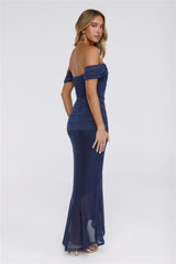 The Style Structure Mesh Off The Shoulder Maxi Dress Navy
