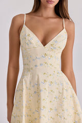 lemon floral print strappy cotton midi sundress