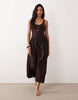 basque waist midi dress with woven skirt in chocolate
