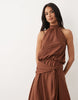 linen look halter neck bubble hem maxi dress in chocolate