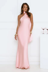 Cinnamon Glaze Halter Satin Maxi Dress Pink