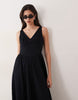 waisted V-neck maxi dress with seaming details in black