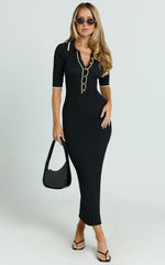 Lada Midi Dress - Short Sleeve Button Front Knit Dress in Black