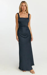 Rumi Maxi Dress - Ruched Bodice Satin Dress in Navy