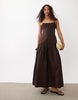 dropped waist midaxi dress with floral cornelli embroidery in dark chocolate