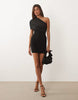 Missy Empire double sculpted slinky asymmetric shoulder fold over mini dress in black