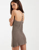 crochet knit halter mini dress in brown