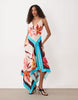 Tall deep cowl asymmetric open back maxi dress in scarf print