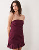 cotton sateen strapless mini sundress with ruffle hem in plum
