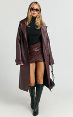 Vicki Trench Coat - Faux Leather Washed Trench Coat in Wine