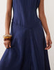 premium 100% linen slash neck midi dress with asymmetric dropped waist and hanky hem in navy
