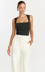 Seraphina Top - Square Neck Gathered Waist Top in Black