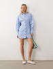 mini shirt dress with cinched waist in blue stripes