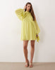 high neck chiffon mini dress with open sleeve in lime green