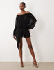 Oh Polly chiffon off shoulder balloon sleeve layered skirt tie detail mini dress in black