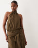 linen look halter neck bubble hem maxi dress in khaki