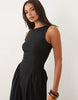 boat neck waist detail midi dress in black