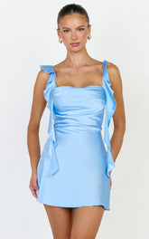 Belrose Mini Dress - Satin Square Neck Ruffle Front Bodycon Dress in Light Blue