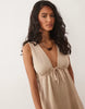 textured jersey ruched tie front mini dress in stone