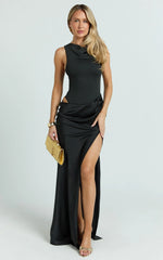 Pepper Maxi Dress - High Neck Bodysuit with Draped Skirt in Black