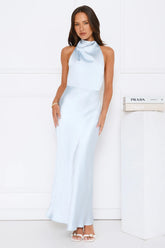 Draped In Diamonds Satin Halter Maxi Dress Blue