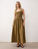 crinkle scoop neck midaxi sundress with shirred waist in tonal olive gingham