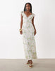 frill sleeve sweetheart neck midi dress in navy spot print