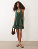 textured scoop neck mini dress with peplum hem in khaki green