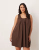 Curve poplin ruched scoop neck and back mini sundress in chocolate
