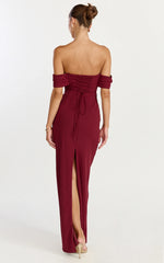 Karina Maxi Dress - Off Shoulder Corset Bodice Lace Up Back Dress in Wine