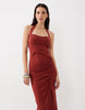 halter ruched front midi dress in rust