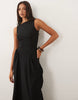boat neck waist detail midi dress in black