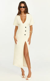 Makayla Midi Dress - Low Cut Button Down Midi Dress in Cream