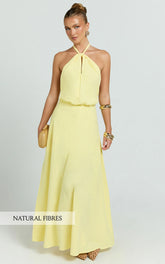 Violetta Maxi Dress - Backless Linen Look Hater Neck Dress in Lemon