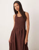 crinkle scoop neck maxi sundress with shirred waist in chocolate
