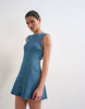 Topshop denim seamed flippy mini dress in mid blue