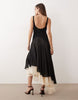 bias cut bodice and full hem skirted dress with double layer in black and cream