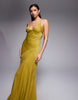 bias cut plunge bodice maxi dress with godets in olive