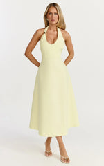 Leilani Midi Dress - Plunge Neck Hardware Fit and Flare Dress in Lemon