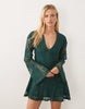 embellished crochet plunge mini dress with long sleeves in green