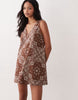 cotton linen v neck smock mini dress in chocolate bandana print
