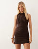 linen blend mandarin collar mini dress in chocolate